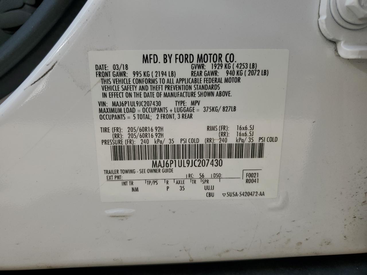 2018 Ford Ecosport Se VIN: MAJ6P1UL9JC207430 Lot: 63290665