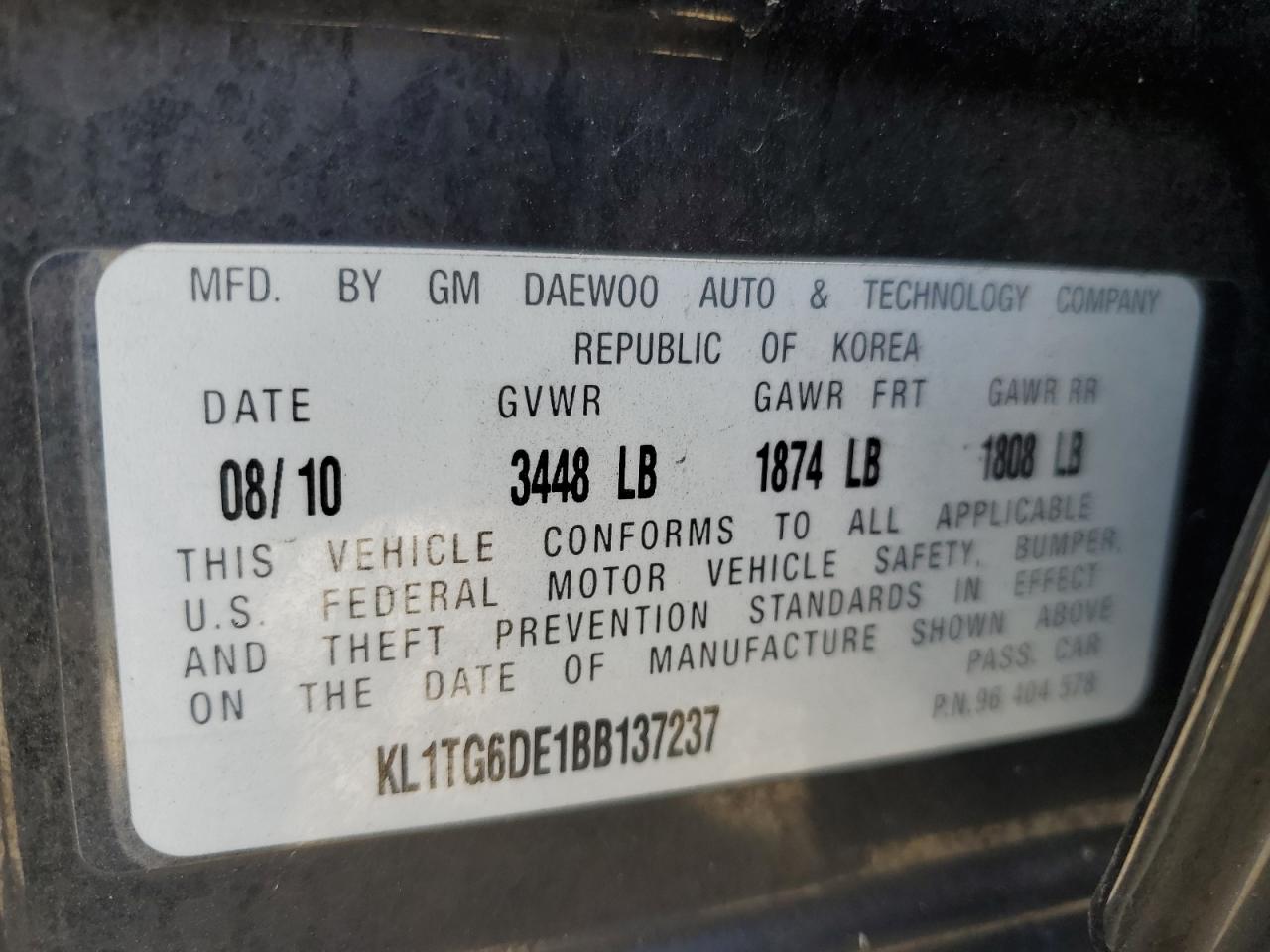 kl1tg6de1bb137237 KL1TG6DE1BB137237 2011 Chevrolet Aveo Lt