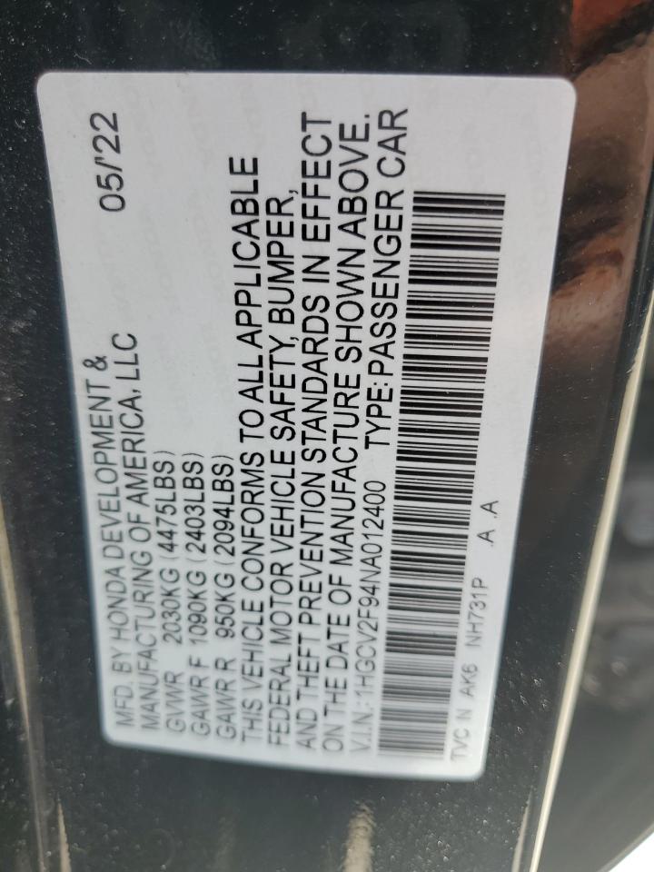 2022 Honda Accord Touring VIN: 1HGCV2F94NA012400 Lot: 66264395