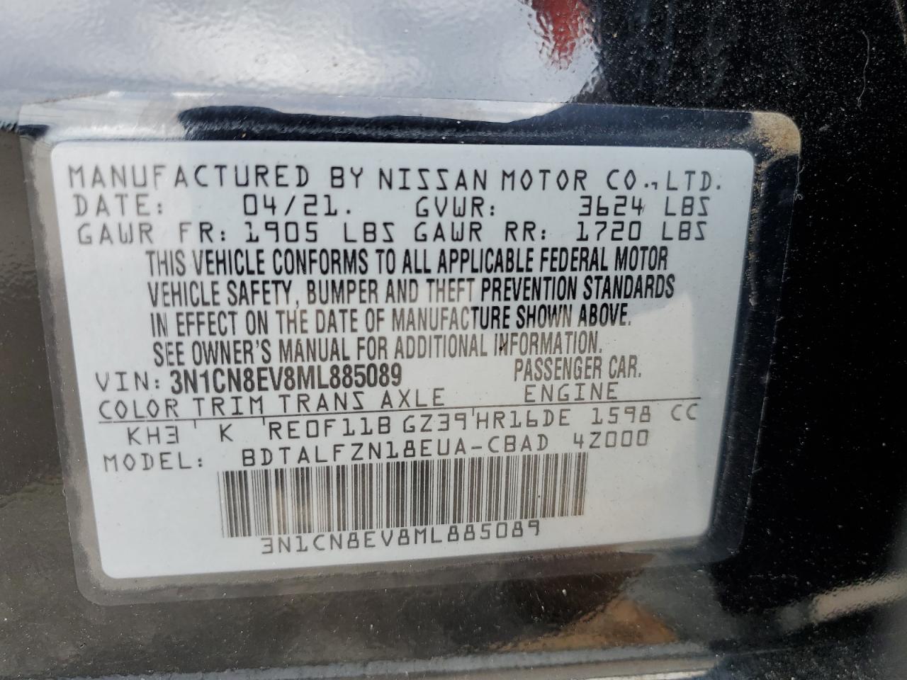 2021 Nissan Versa Sv VIN: 3N1CN8EV8ML885089 Lot: 64757485