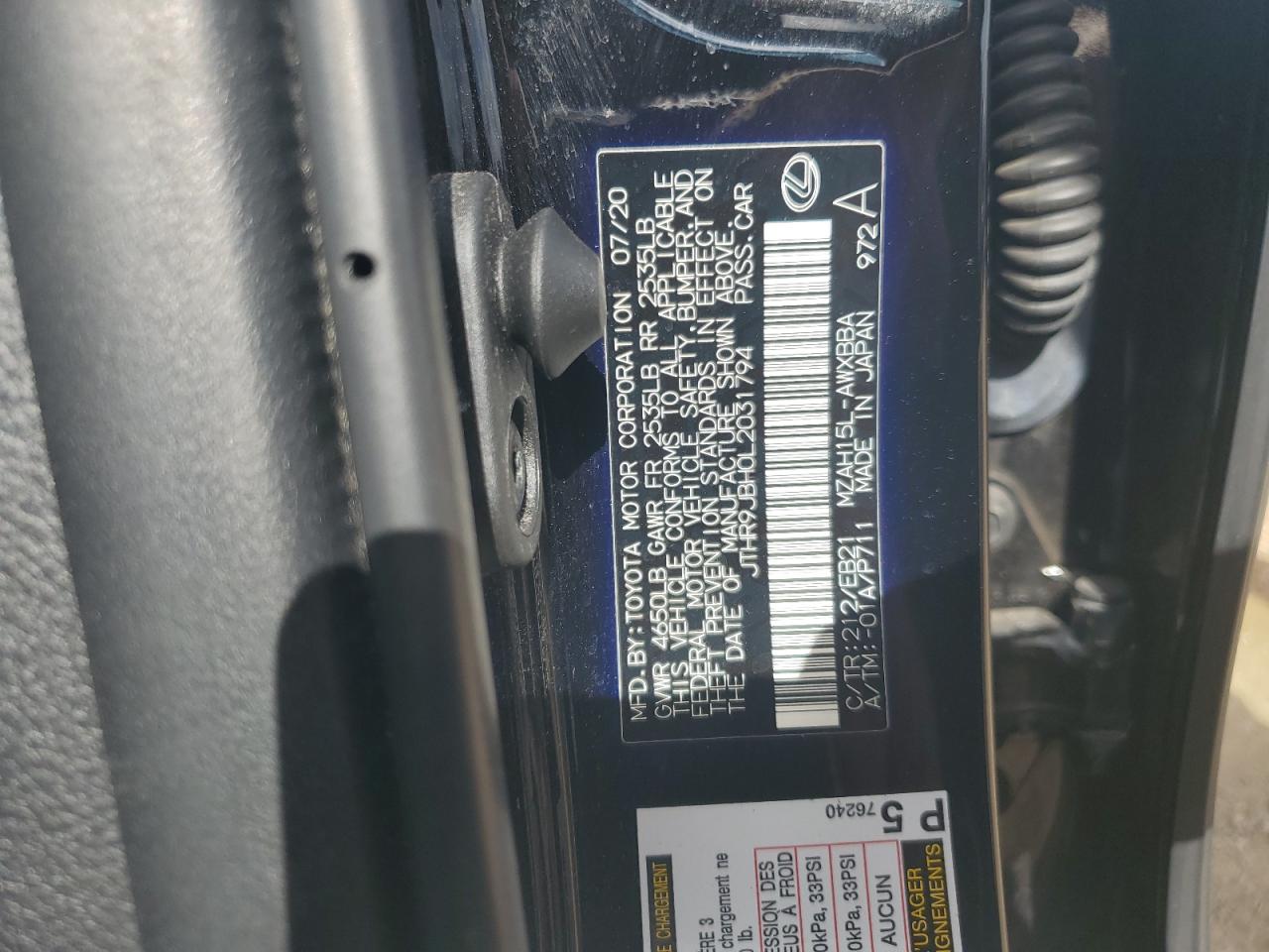 2020 Lexus Ux 250H VIN: JTHR9JBH0L2031794 Lot: 65289045
