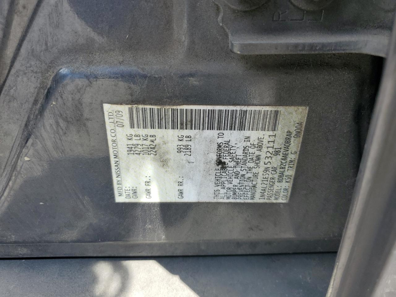 2009 Nissan Altima 2.5 VIN: 1N4AL21E59N532111 Lot: 64959055