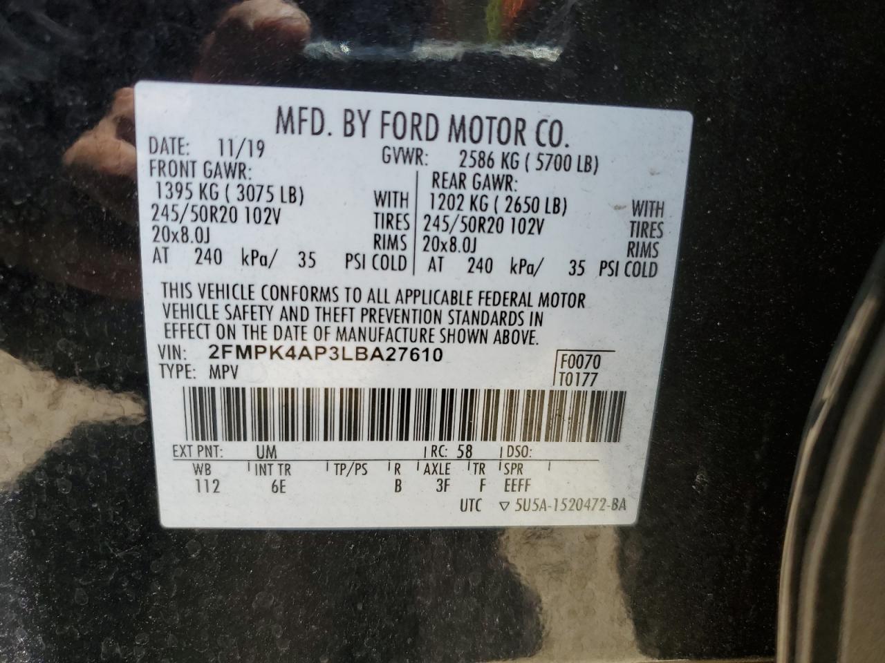2020 Ford Edge St VIN: 2FMPK4AP3LBA27610 Lot: 63506635