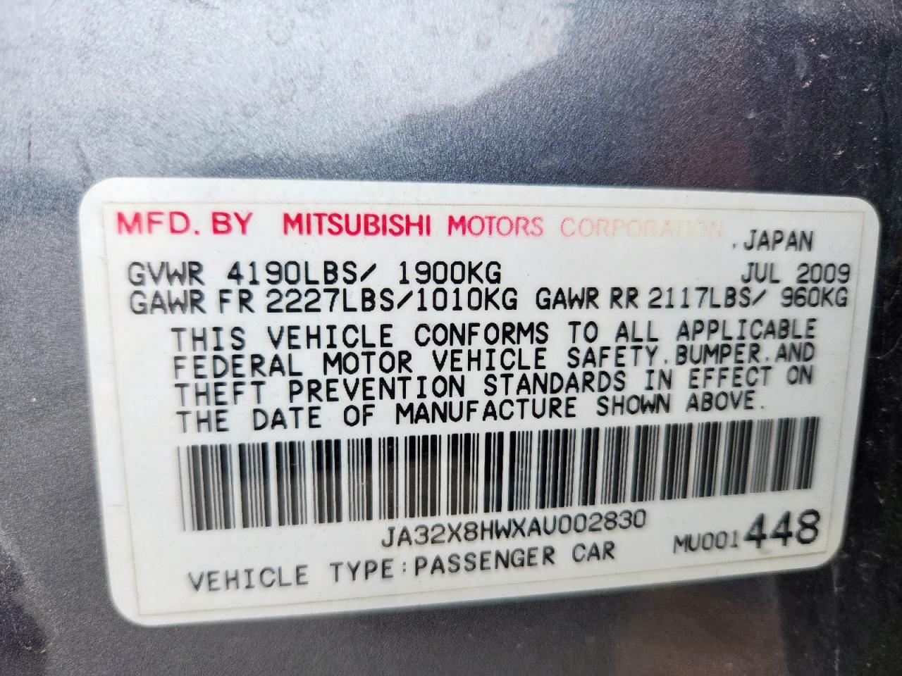 2010 Mitsubishi Lancer Gts VIN: JA32X8HWXAU002830 Lot: 63494005