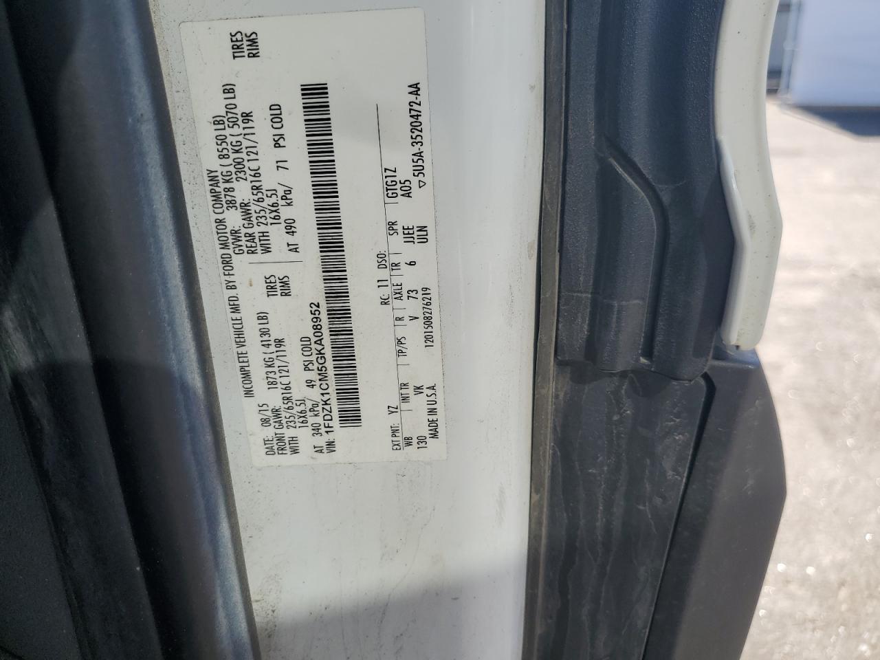 2016 Ford Transit T-150 VIN: 1FDZK1CM5GKA08952 Lot: 61152305