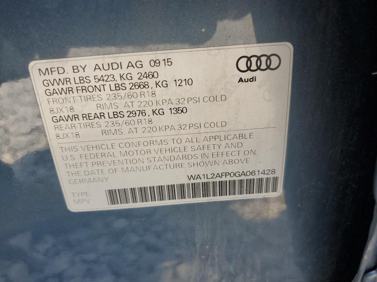 2016 Audi Q5 Premium Plus VIN: WA1L2AFP0GA061428 Lot: 64723195