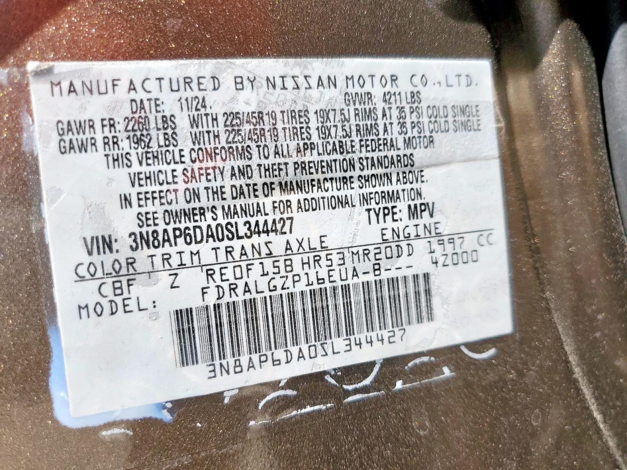 2025 Nissan Kicks Sr VIN: 3N8AP6DA0SL344427 Lot: 64260675