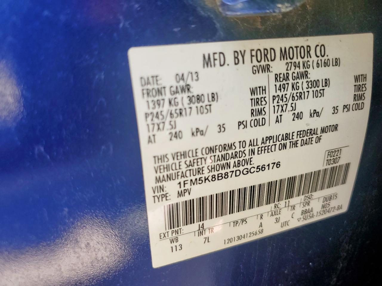 2013 Ford Explorer Xlt VIN: 1FM5K8D87DGC56176 Lot: 64124305