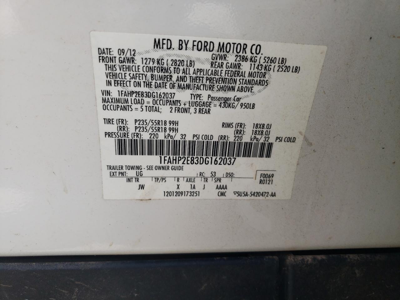 2013 Ford Taurus Sel VIN: 1FAHP2E83DG162037 Lot: 63406455