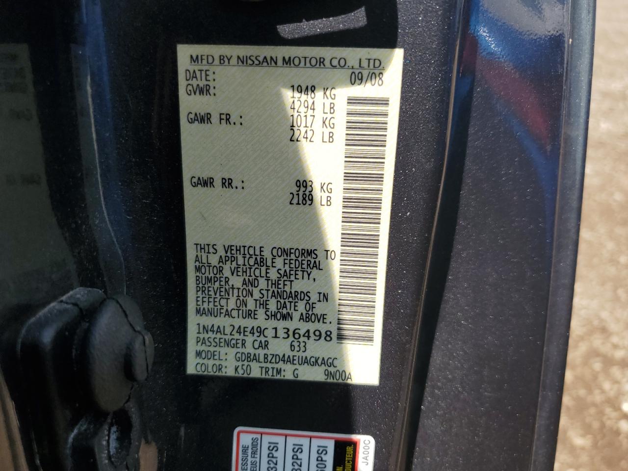 2009 Nissan Altima 2.5S VIN: 1N4AL24E49C136498 Lot: 63838265