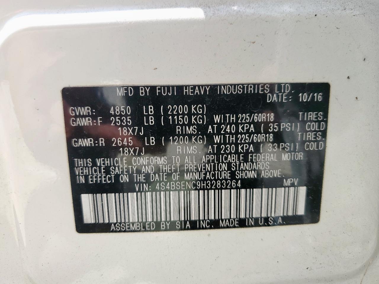 2017 Subaru Outback 3.6R Limited VIN: 4S4BSENC9H3283264 Lot: 63109415