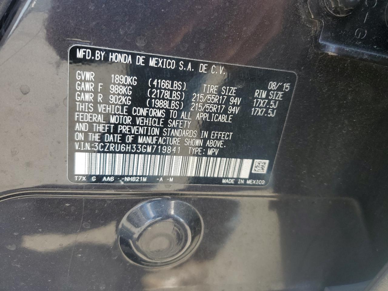 2016 Honda Hr-V Lx VIN: 3CZRU6H33GM719841 Lot: 63734385