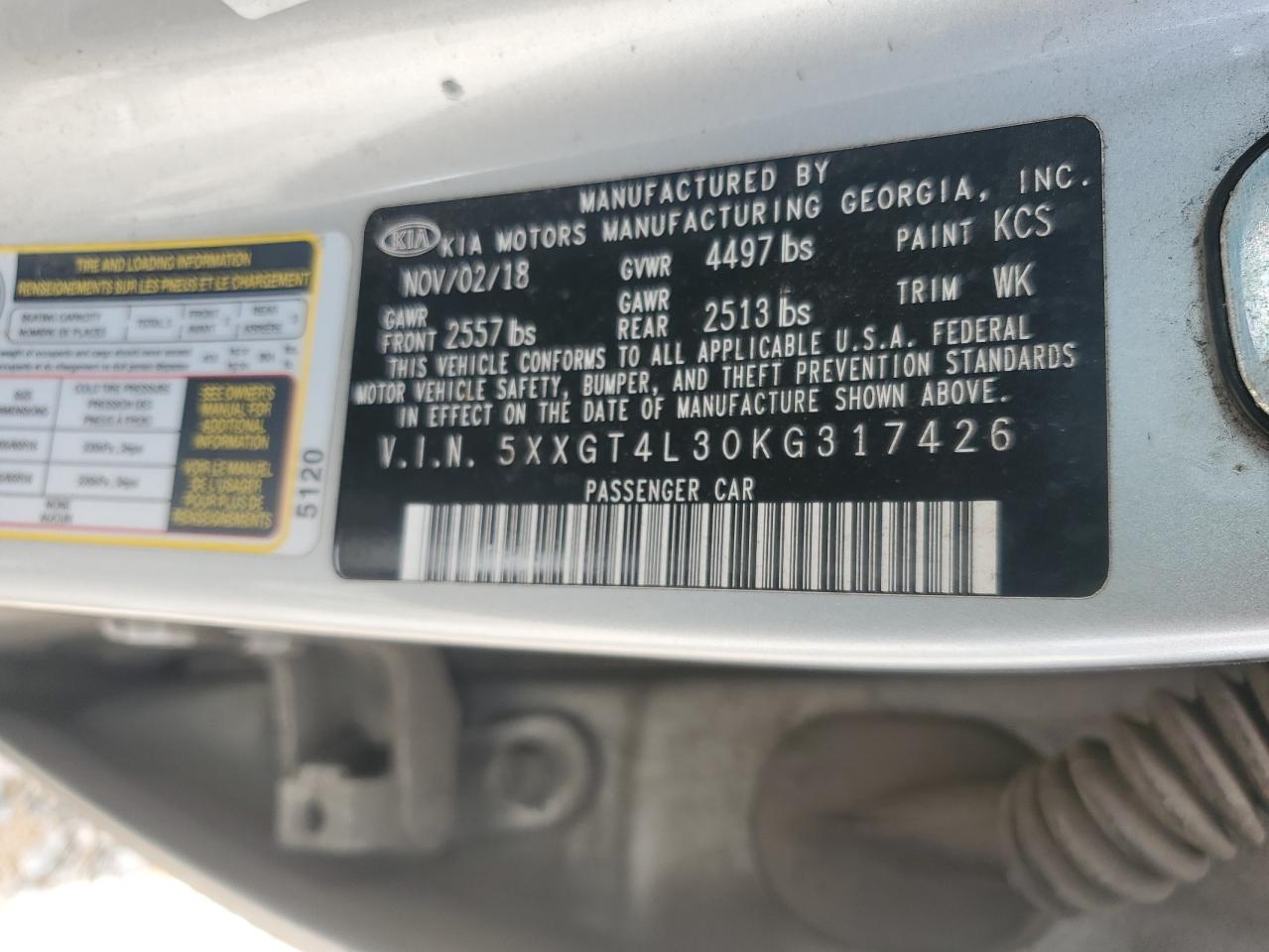 2019 Kia Optima Lx VIN: 5XXGT4L30KG317426 Lot: 65467985