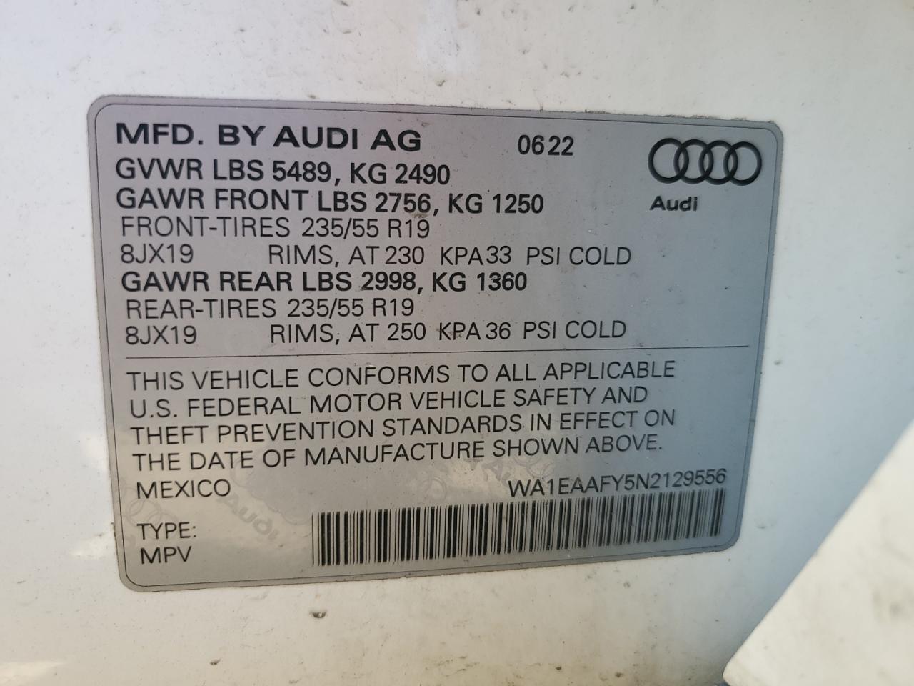 2022 Audi Q5 Premium Plus 45 VIN: WA1EAAFY5N2129556 Lot: 61815445
