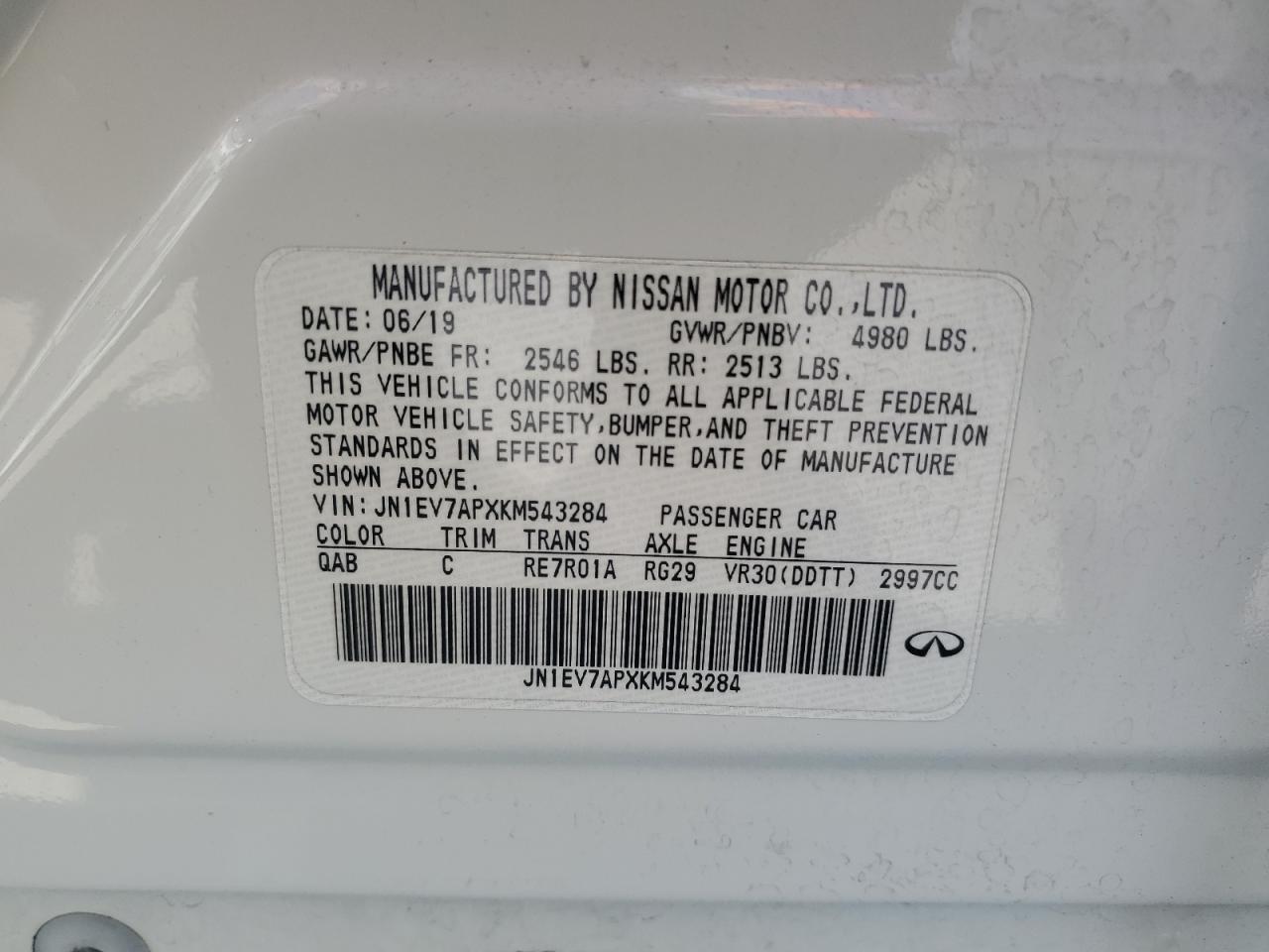 2019 Infiniti Q50 Luxe VIN: JN1EV7APXKM543284 Lot: 65012785