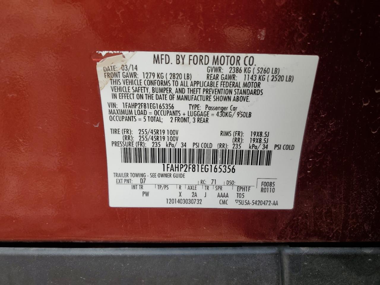 2014 Ford Taurus Limited VIN: 1FAHP2F81EG165356 Lot: 63019265