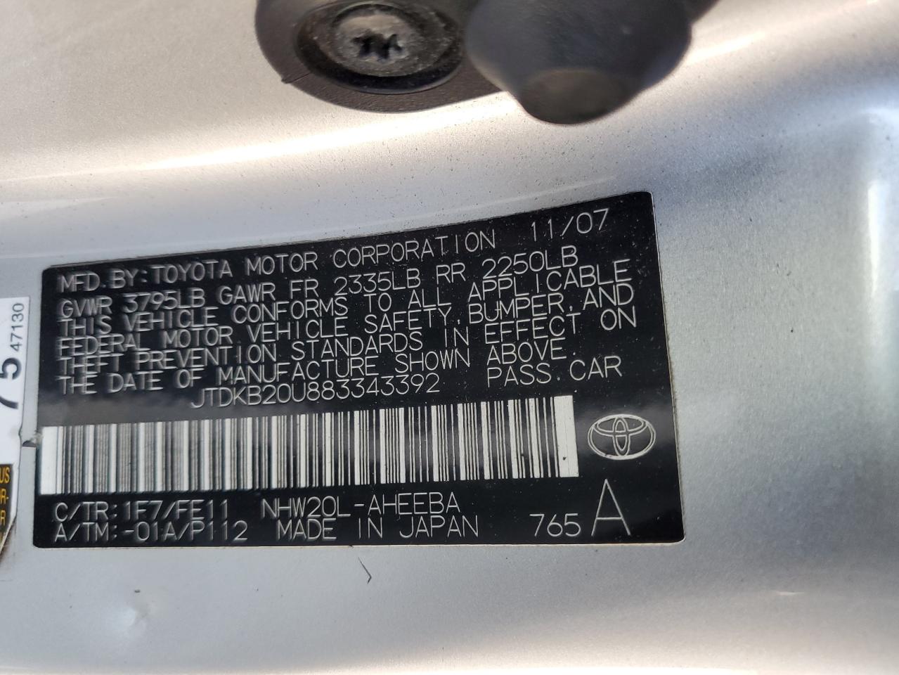 2008 Toyota Prius VIN: JTDKB20U883343392 Lot: 66653615