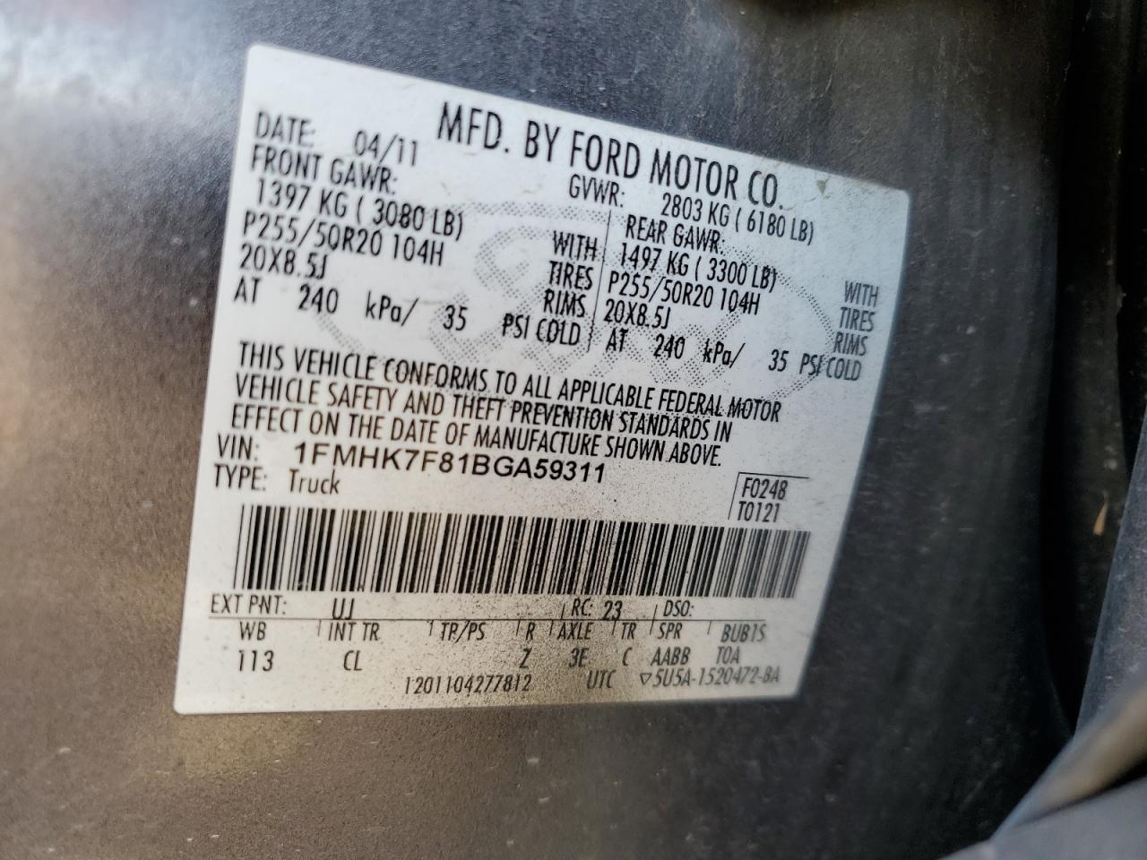 2011 Ford Explorer Limited VIN: 1FMHK7F81BGA59311 Lot: 64988475