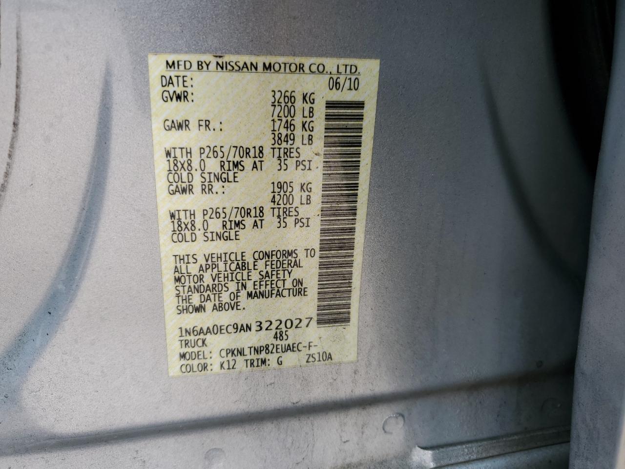 2010 Nissan Titan Xe VIN: 1N6AA0EC9AN322027 Lot: 64488315
