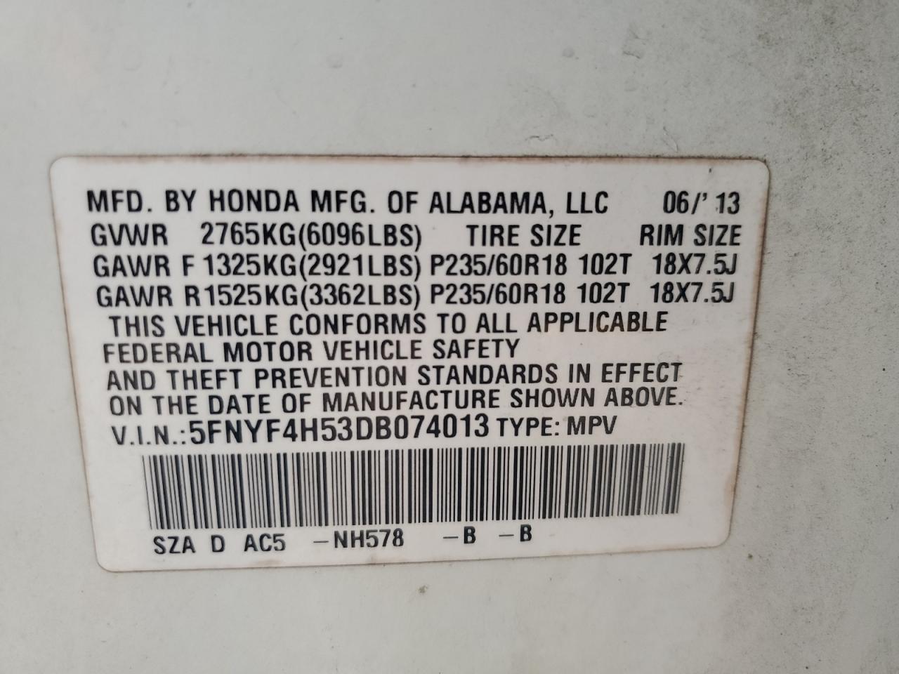 2013 Honda Pilot Exl VIN: 5FNYF4H53DB074013 Lot: 64048365