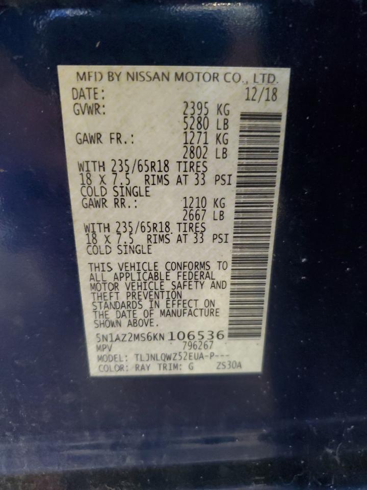 2019 Nissan Murano S VIN: 5N1AZ2MS6KN106536 Lot: 64378875