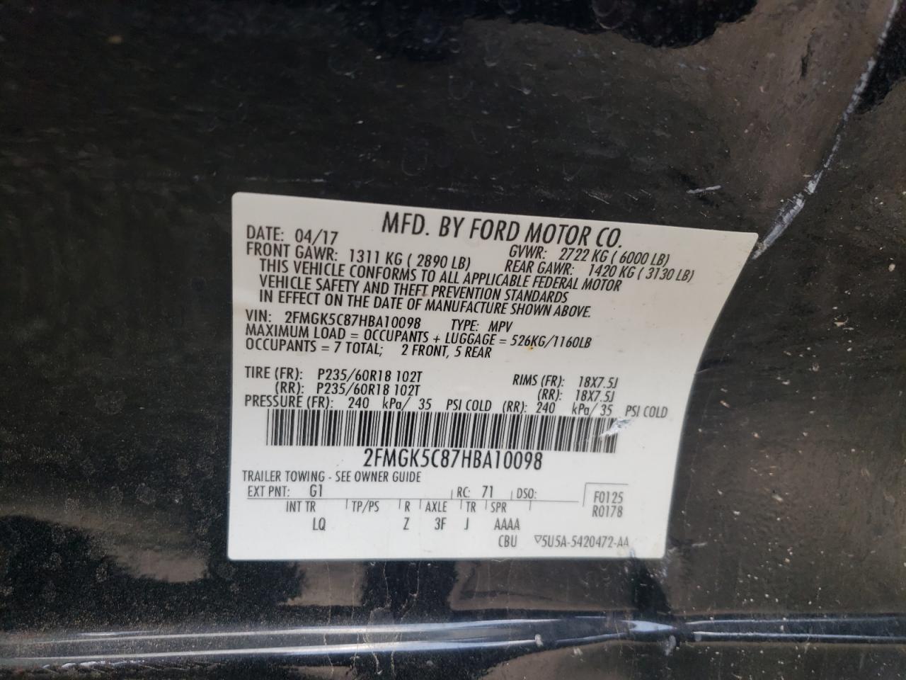 2017 Ford Flex Sel VIN: 2FMGK5C87HBA10098 Lot: 64798105