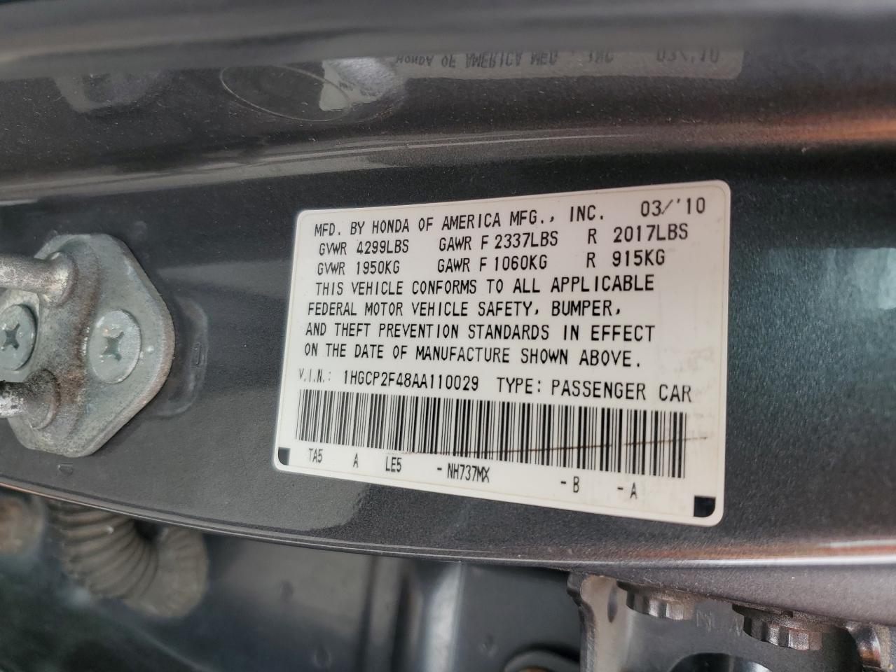 2010 Honda Accord Lxp VIN: 1HGCP2F48AA110029 Lot: 64239875
