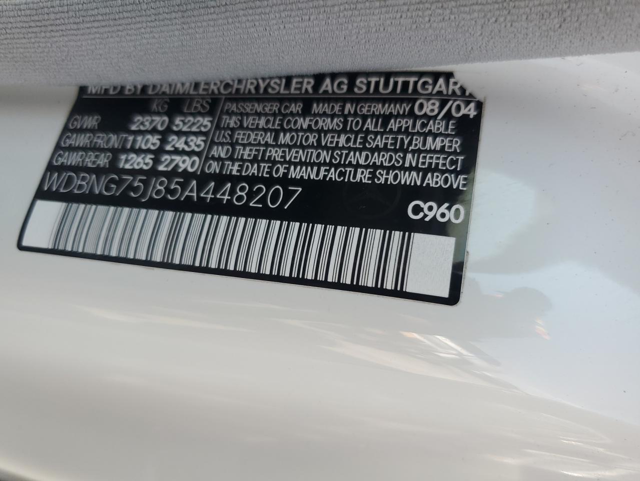 2005 Mercedes-Benz S 500 VIN: WDBNG75J85A448207 Lot: 65992315