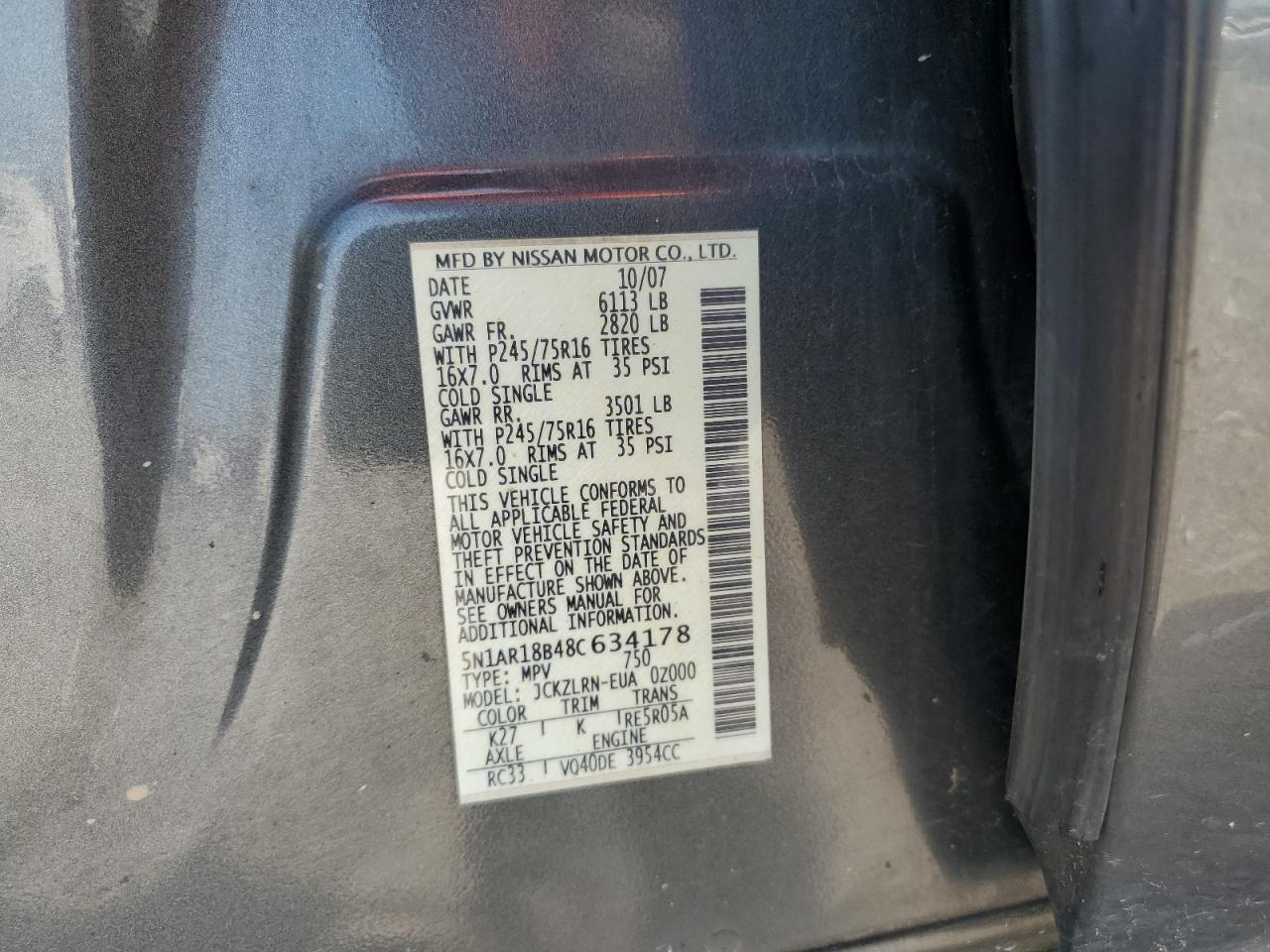 2008 Nissan Pathfinder S VIN: 5N1AR18B48C634178 Lot: 63301645