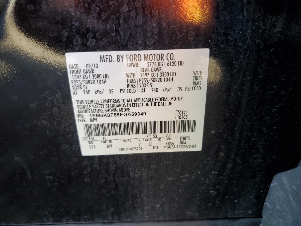 2014 Ford Explorer Limited VIN: 1FM5K8F88EGA59349 Lot: 65808195