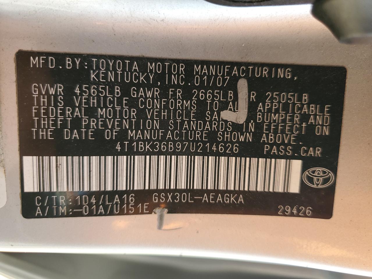 2007 Toyota Avalon Xl VIN: 4T1BK36B97U214626 Lot: 63287215