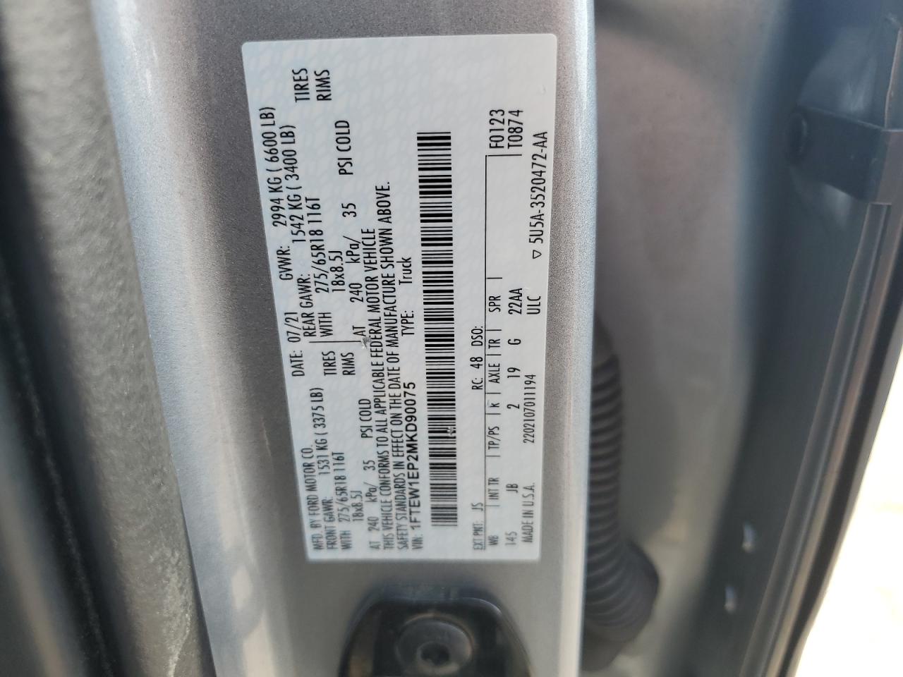 2021 Ford F150 Supercrew VIN: 1FTEW1EP2MKD90075 Lot: 63708375