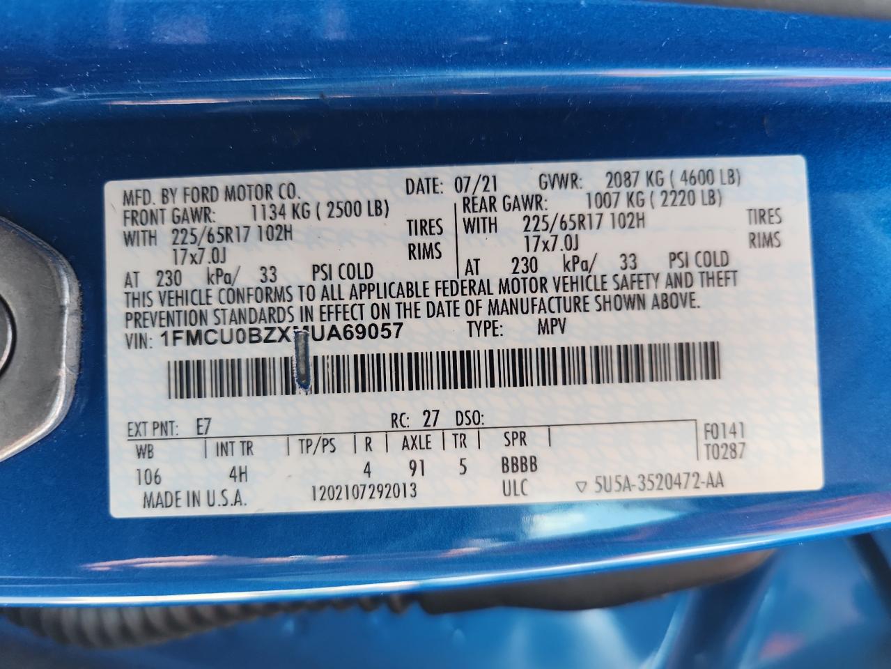 2021 Ford Escape Se VIN: 1FMCU0BZXMUA69057 Lot: 63674345