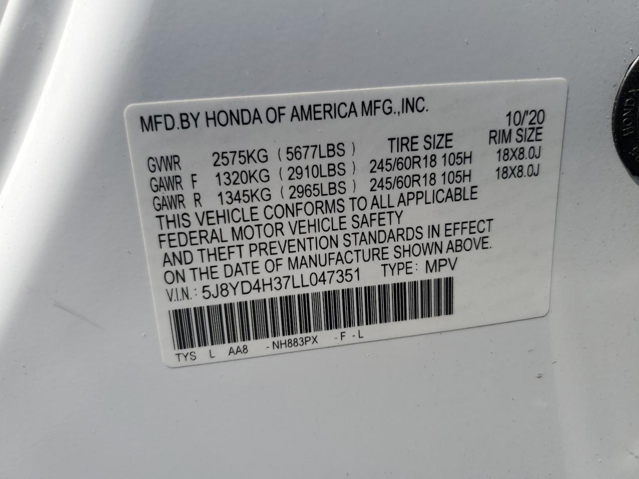 2020 Acura Mdx VIN: 5J8YD4H37LL047351 Lot: 62741165