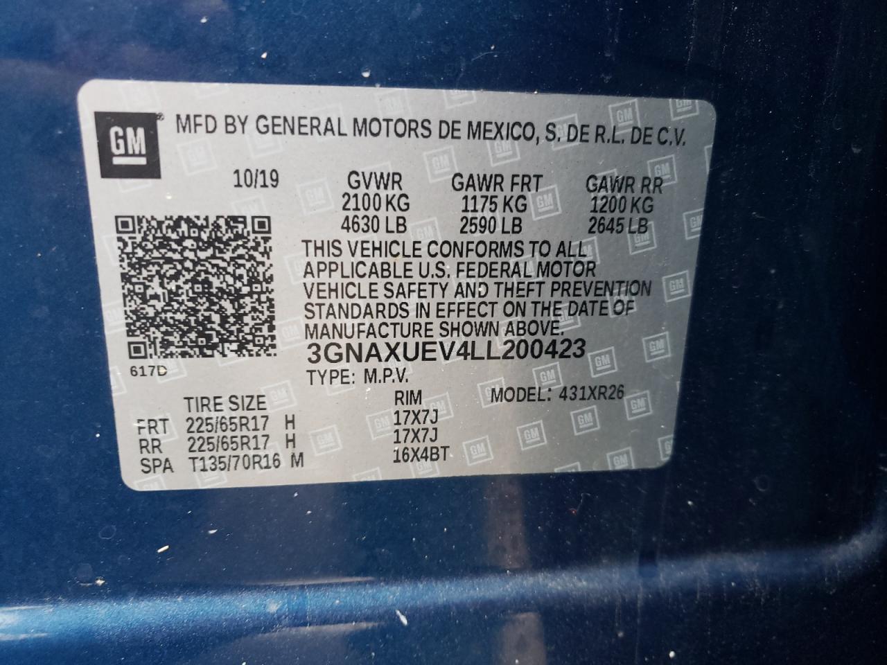 2020 Chevrolet Equinox Lt VIN: 3GNAXUEV4LL200423 Lot: 65032115