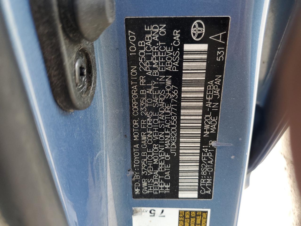 2008 Toyota Prius VIN: JTDKB20U587717367 Lot: 64995325