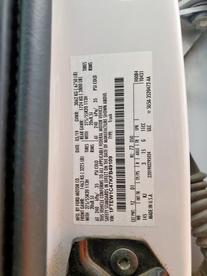 2019 Ford F150 Supercrew VIN: 1FTEW1C47KFB49109 Lot: 65801655