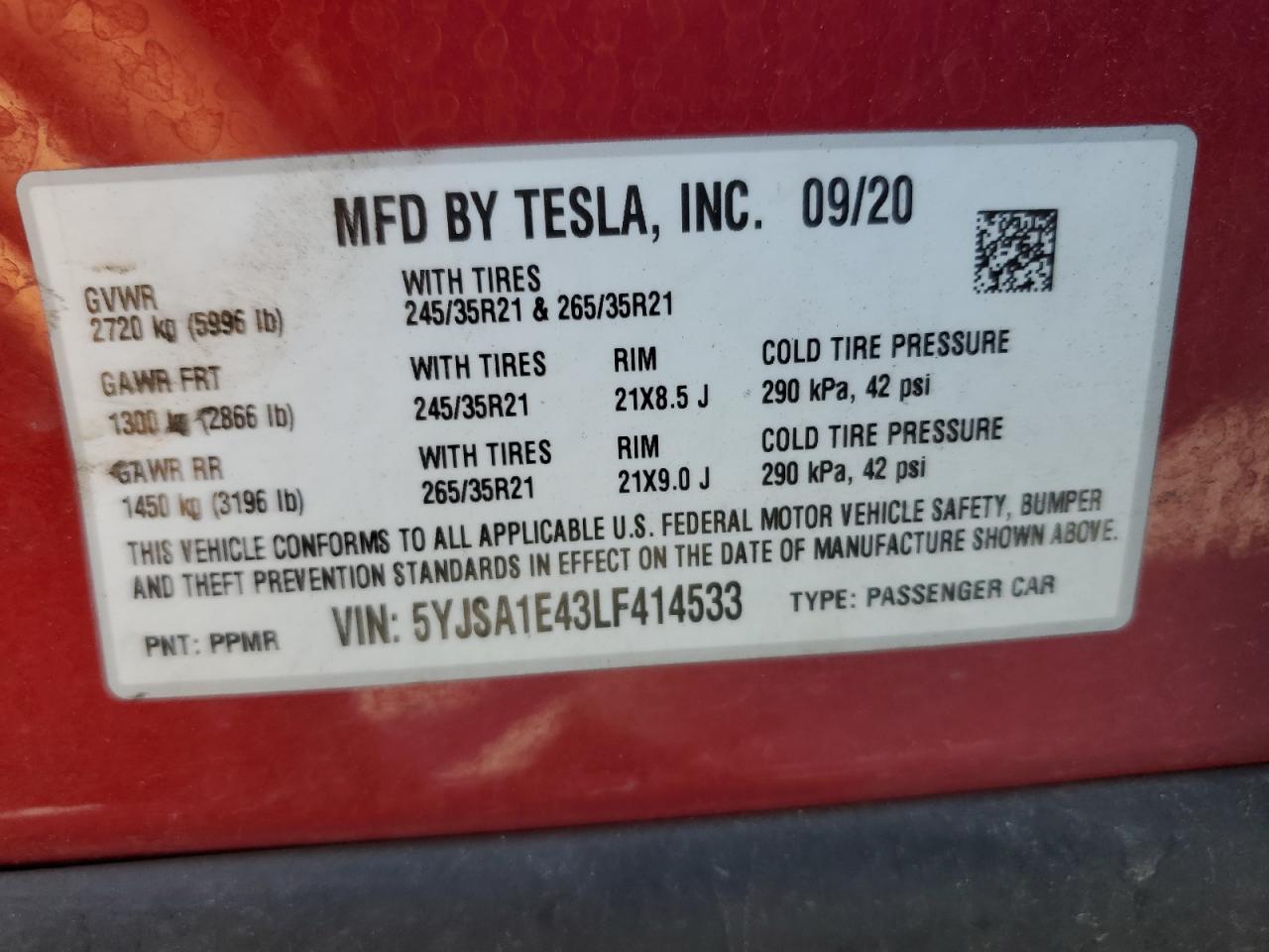 2020 Tesla Model S VIN: 5YJSA1E43LF414533 Lot: 63084595