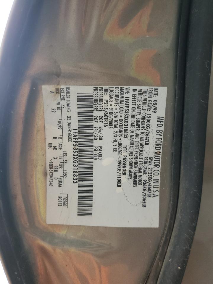 1999 Ford Taurus Se VIN: 1FAFP53S3XG318833 Lot: 64967075
