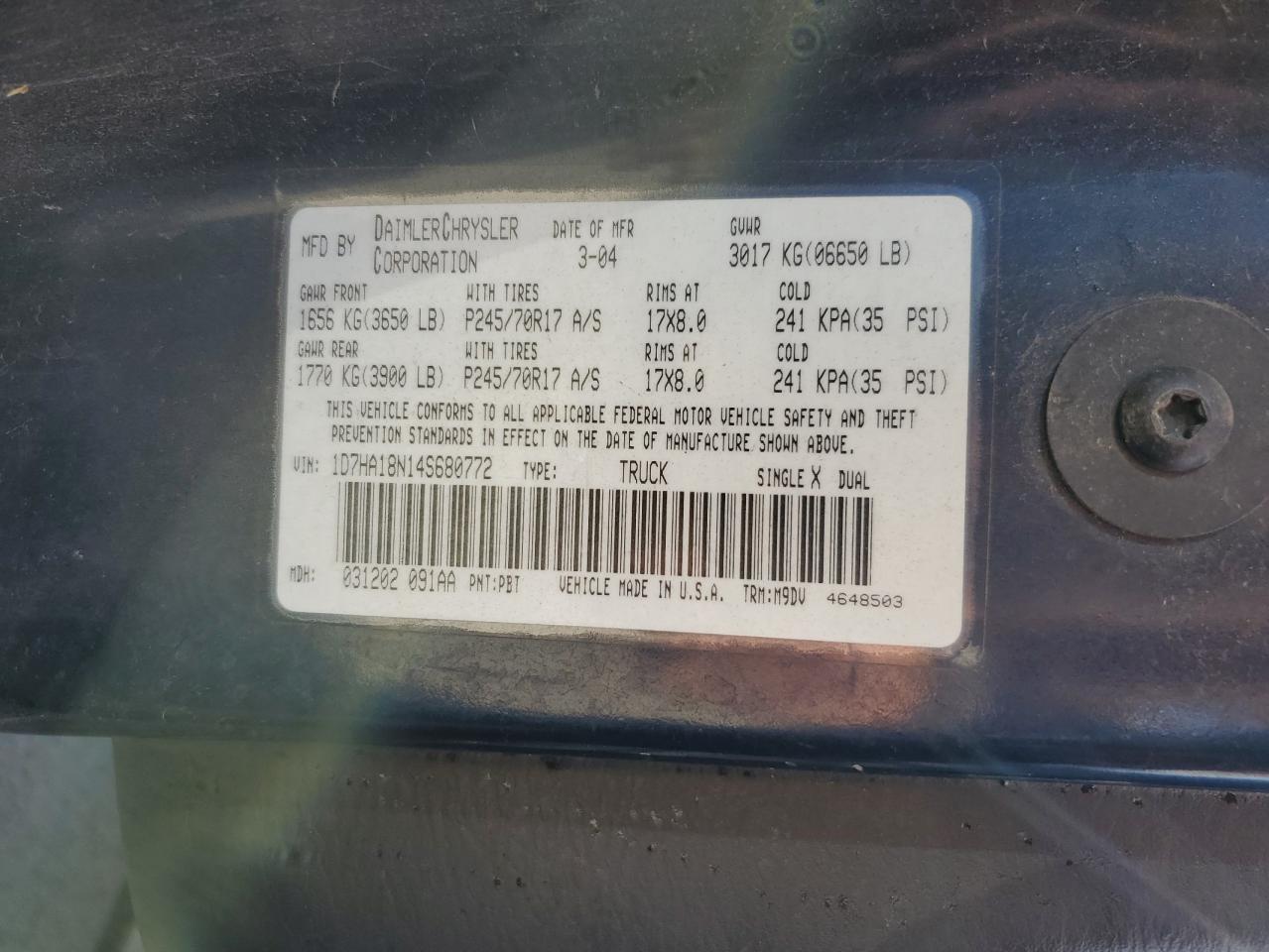 2004 Dodge Ram 1500 St VIN: 1D7HA18N14S680772 Lot: 65067745