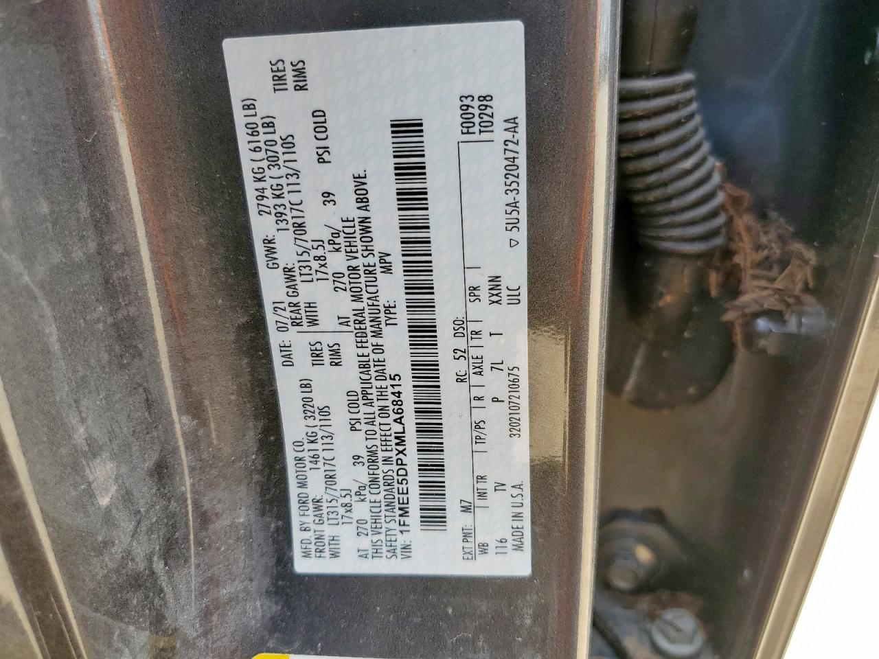 2021 Ford Bronco Base VIN: 1FMEE5DPXMLA68415 Lot: 64988225