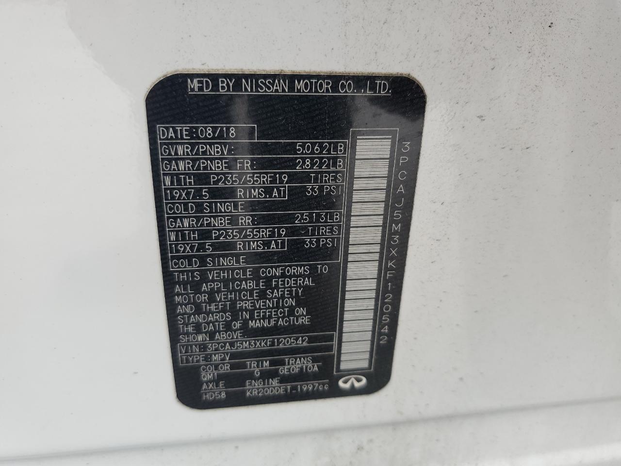 2019 Infiniti Qx50 Essential VIN: 3PCAJ5M3XKF120542 Lot: 64432005