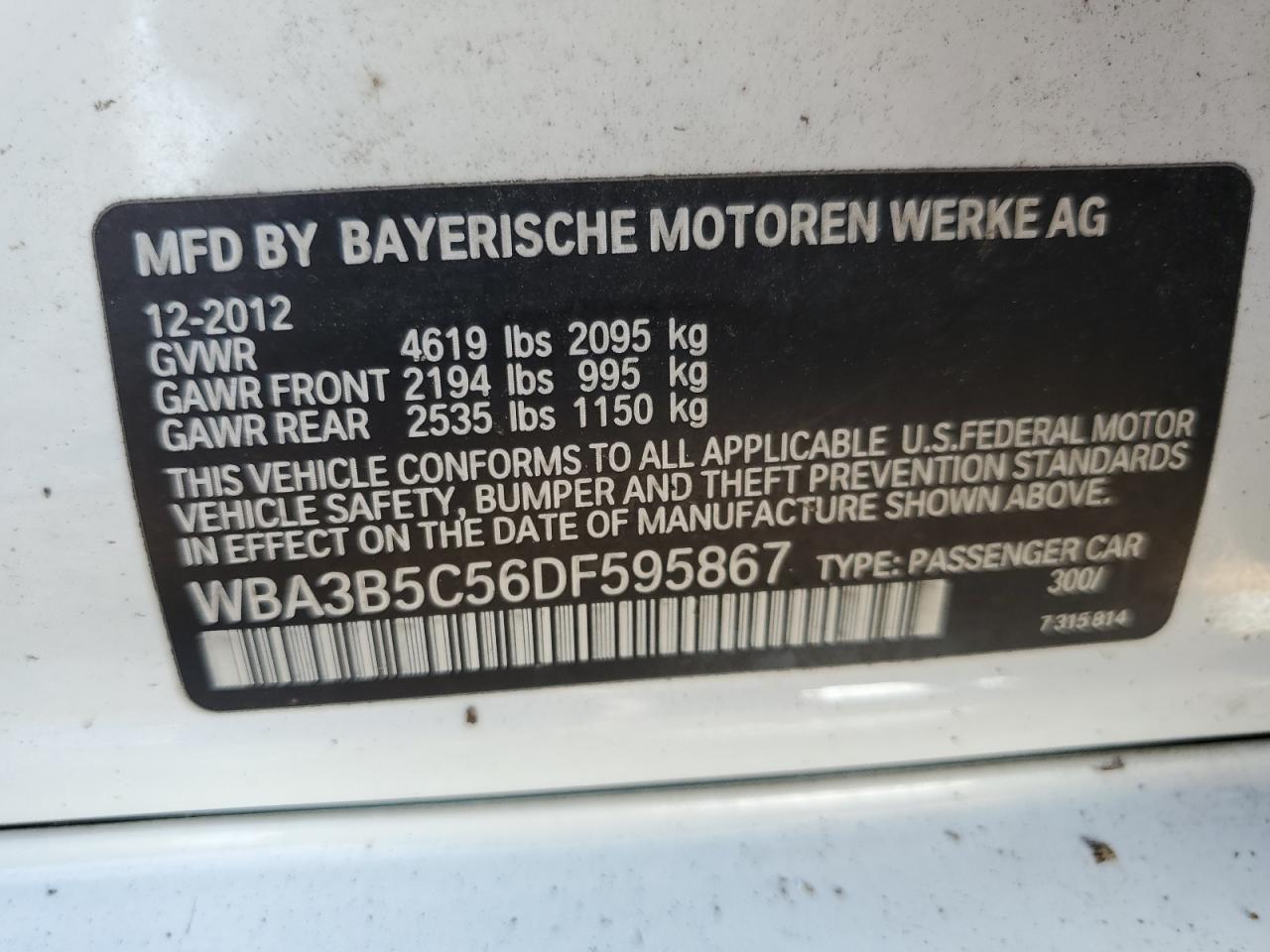 2013 BMW 328 Xi Sulev VIN: WBA3B5C56DF595867 Lot: 64972275