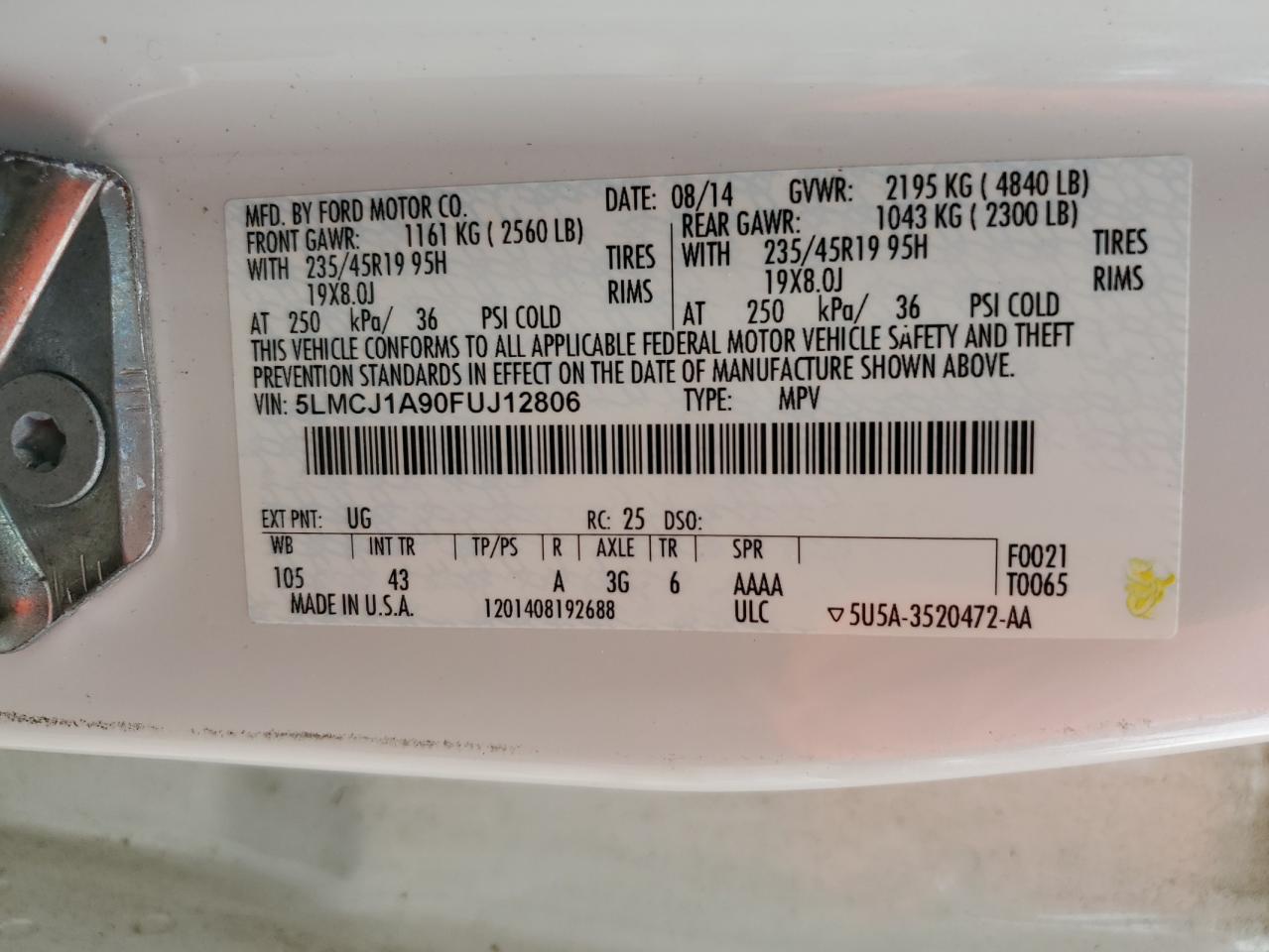 5lmcj1a90fuj12806 5LMCJ1A90FUJ12806 2015 Lincoln Mkc