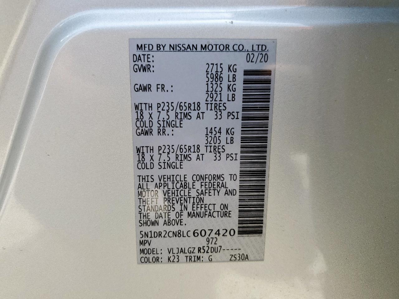 2020 Nissan Pathfinder Sl VIN: 5N1DR2CN8LC607420 Lot: 63249775
