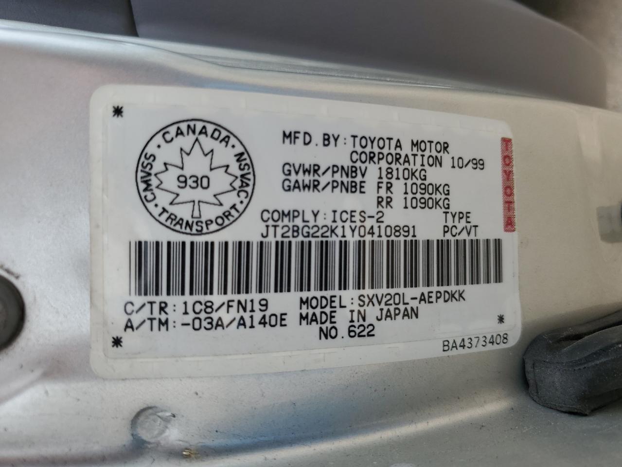 2000 Toyota Camry Ce VIN: JT2BG22K1Y0410891 Lot: 64499855