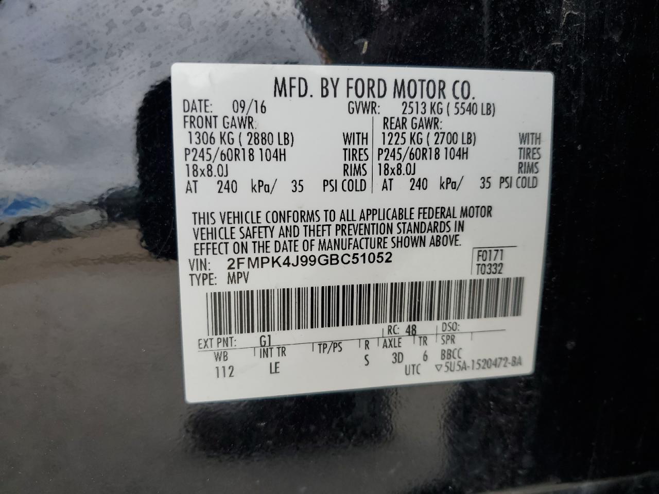 2016 Ford Edge Sel VIN: 2FMPK4J99GBC51052 Lot: 67255375