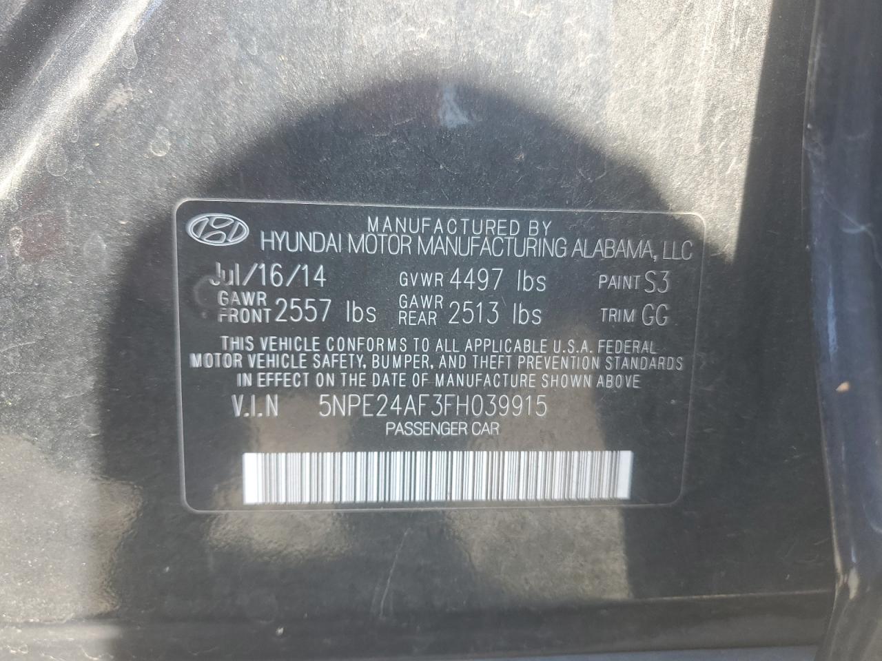 2015 Hyundai Sonata Se VIN: 5NPE24AF3FH039915 Lot: 64830365