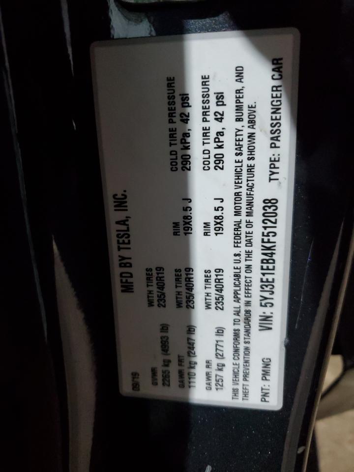 2019 Tesla Model 3 VIN: 5YJ3E1EB4KF512038 Lot: 66257435