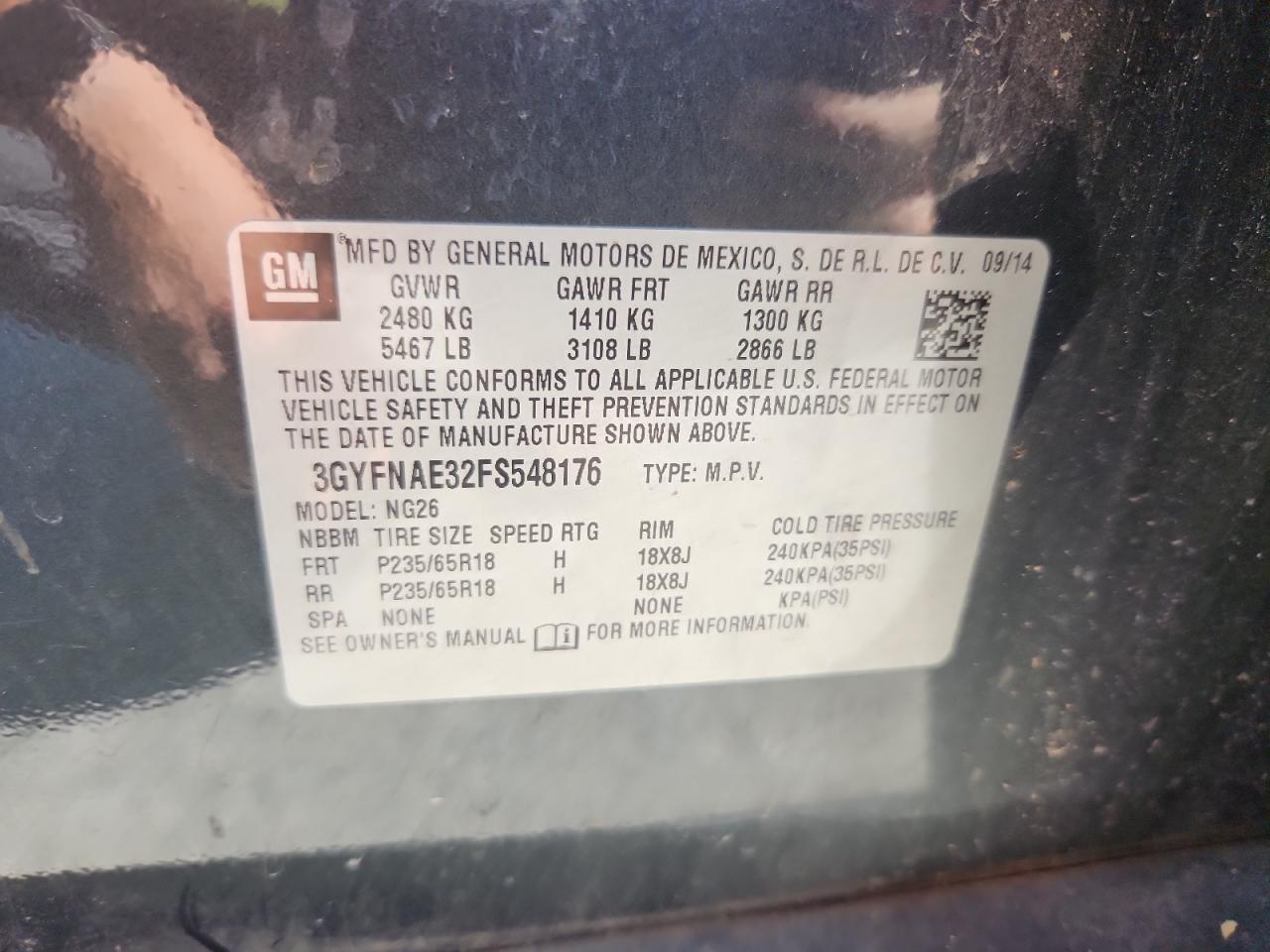 2015 Cadillac Srx VIN: 3GYFNAE32FS548176 Lot: 66503855